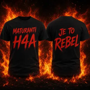 text ; maturanti h4a na hrudi cervenou barvou a fond ohnivy a na zadech stejny font jen napsat : je to rebel