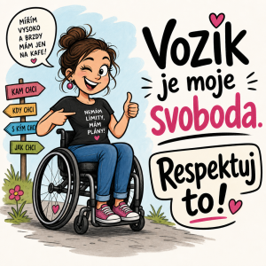 Vtipný kreslený obrazek ženy na vozíku a nápis
Vozík je moje svoboda. Respektuj to!
