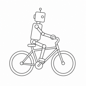 robot jak jede na kole, pouze obrysy robota jedoducheho a kolo