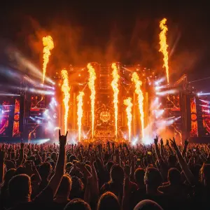 Koncert lidé šili ruce nahoře, koukají směrem na podium. Z podia je šou a plameny létají vzhuru
