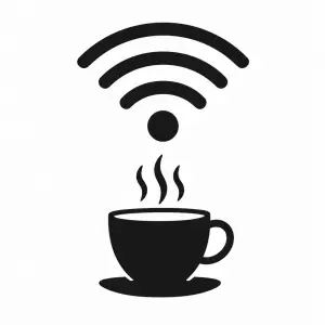 symbol wifi připojení, pod ním šálek kávy