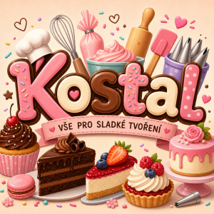 Animovaný nápis Kostal s cukrarskymi potřebami a zakusky