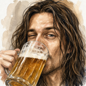 vlasatý muž hubené postavy, pouze obličej, pije pivo z půllitru. Obrázek rukou malovaný