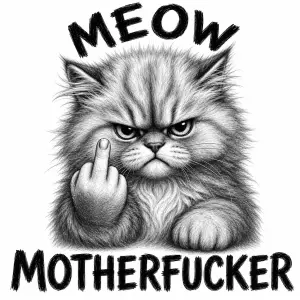 Huňatá roztomilá naštvaná kočka ukazuje prostředníček. Nahoře „MEOW“, dole „MOTHERFUCKER“. Černobílá detailní kresba.