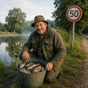 Rybáč u rybníka s kýblem plným ryb a v pozadí značka s nápisem 50