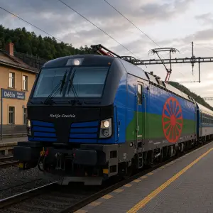na tricku malý nápis Raňija Czechia a vlaku a romskou vlajku