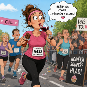 Vtipný obrázek ženy běžící na zavodech