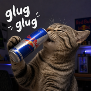 Vytvoř mně kočku, která pije redbullu a je u toho napsaný glug glug