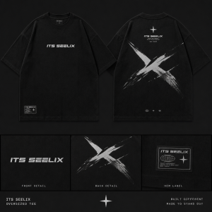 Černé oversized streetwear tričko pro značku „ITS SEELIX“. Minimalistický, ale výrazný a lehce agresivní moderní design.