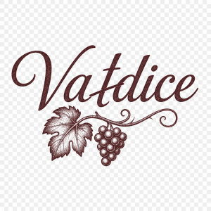 Nápis Valdice, "d" přeškrtnuté na "t", jednoduchý vintage motiv vína, žádná lahev, bez pozadí