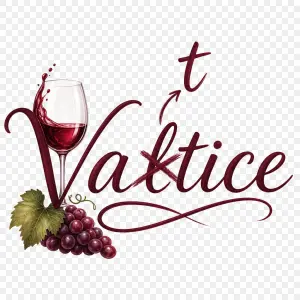 Nápis Valdice, škrtnuté "d" a opravené na "t", motiv s vínem, bez pozadí