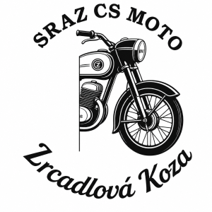 Polovina staré motorky ČZ 150 c jednobarevně. Text SRAZ CS MOTO Zrcadlová Koza