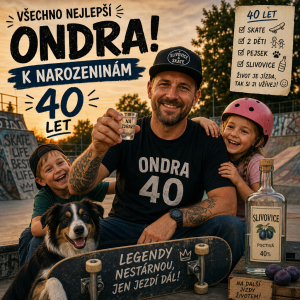 Kamarád jménem Ondra bude mít narozeniny bude mu 40 ma 2 děti a pejska jestli na skatu a ma rad slivovicy