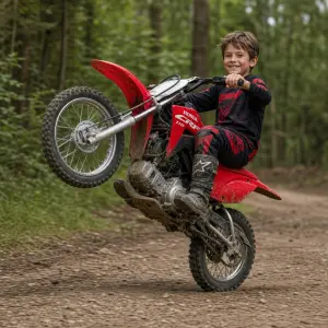 Endurova motorka Honda CRf 110 na tom 9 lety hnědovlasy kluk vysmátý a jede po zadním