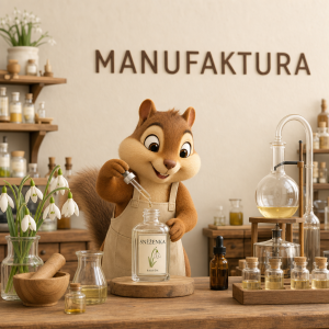 3D kreslený burunduk vyrábí parfém sněženka,na zdi je napsáno MANUFAKTURA pod a nad napisem není žadný obrazec, světlé
