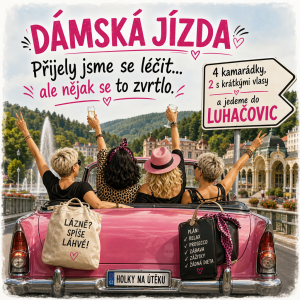 Text: DÁMSKÁ JÍZDA
Přijely jsme se léčit…
ale nějak se to zvrtlo.
4 kamarádky, 2 s krátkými vlasy a jedeme do Luhačovic