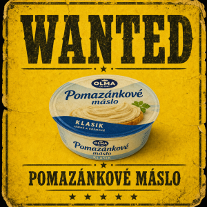 vytvoř žlutý plakát wanted na kterém bude pomazánkové máslo