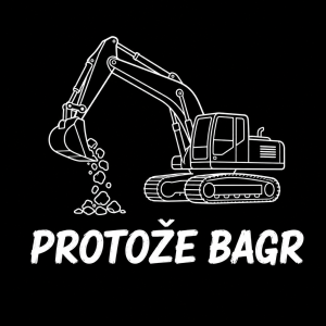 Bílí obrys pásového bagru kterému se lžíce padá kamení a pod tím nápis protože bagr