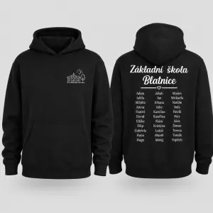 cernou mikinu s bílím potiskem ze zadu bude napsano Základní škola Blatnice a pod tim jmena zaku a ze predu nemusi byt