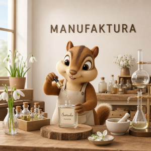 3D kreslený burunduk vyrábí parfém sněženka,na zdi je napsáno MANUFAKTURA pod a nad napisem není žadný obrazec, světlé