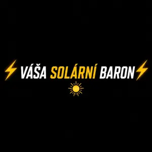 Nápis VÁŠA SOLÁRNÍ BARON před a za nápisem znak elektřiny a pod nápisem malé sluníčko