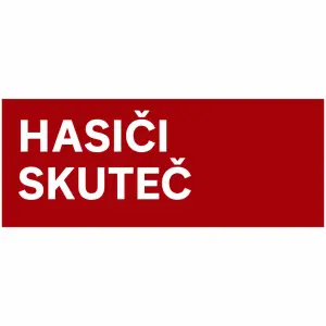 obdélník tmavě červený s bílým nápisem zarovnaným z leva. HASIČI SKUTEČ