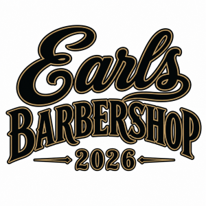 napis Earls Barbershop 2026 v černé barvě s lemováním ve stejné barvě jako je kšilt