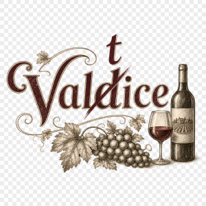 Nápis Valdice, "d" přeškrtnuté na "t", vintage motiv vína, bez pozadí