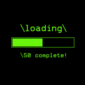 Nahoře nápis "loading", pod tím liště, která nazančuje aktuální stav nabití na 50%, a pod tím text "50 complete!