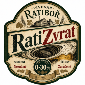 Pivní etiketa: "Pivovar Ratiboř"
název piva: RatiZvrat
obsah alkoholu : 0-30%
Složení: Neznámé
Účinky: Zaručené