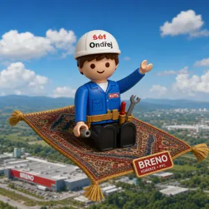 Igráček kutil se jménem šéf Ondřej sedící na létajícím koberci z Brena