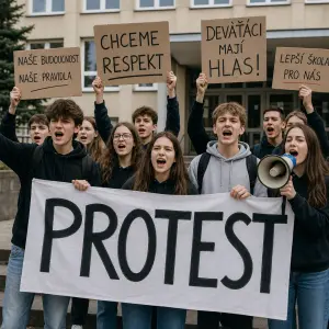 deváťáci kteří protestují, nápis protest