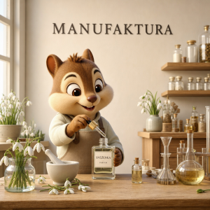 3D kreslený burunduk vyrábí parfém sněženka,na zdi je napsáno MANUFAKTURA pod a nad napisem není žadný obrazec, světlé