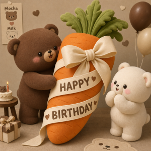 mocha bear nese obří mrkev pro milk bear jako dárek kolem mrkve je stužka a napsáno happy birthday