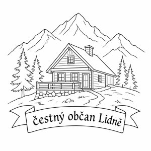 Chata v horách s textem čestný občan Lidně ,obrázek pouze černý obrys,nacrtek