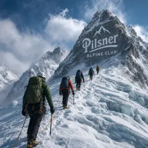 Skupina horolezců stoupající po ledovci na vrchol hory s nápisem 'Pilsner Alpine Club'.