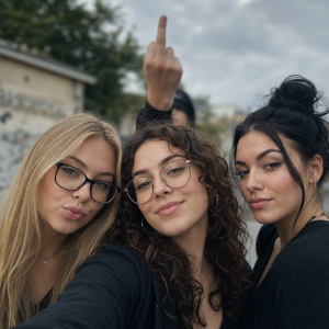Vztyčený prostředníček v pozadí, vepředu blondýna s brýlemi, kudrnatá bruneta s brýlemi a černovláska s drdolem