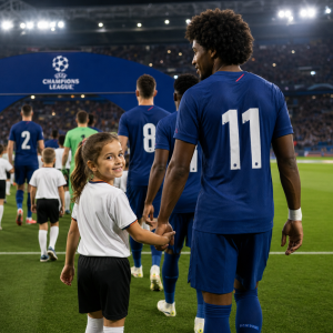 Holčička, za ruku s fotbalistou tmavé pleti kudrnaté afro, slavnostní nástup před hrou. Holčička úsměv, otáčí se na nás