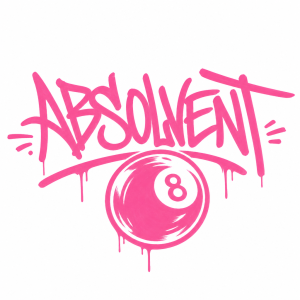 růžový grafický prvek tvořený ručně psaným ABSOLVENT a kresbou kulečníkové koule graffiti/tagging font