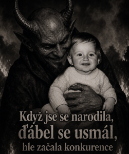 použít můj obličej a přidat obrázek ďábla jak mě drží v náručí a použít text: Když jse se narodila,ďábel se usmál, hle začala konkurence