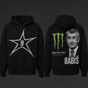 udelej mi cernou mikinu aby tam byla na roztahla hvezda a v te byla napsana 9 a na druhe strane monster logo a babise
