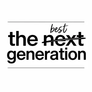 napis"the next(to slovo next škrtle a nad nim napsane best)generation a zvrchu a zespodu tenke cary a vetsim pismem tak