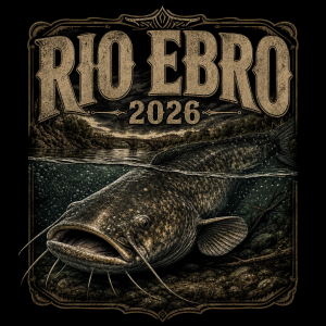 rybarsky design potisku s detaily, s napisem : "RIO EBRO 2026" A POD TO OBRAZEK SUMCE, a nějak proste hezky