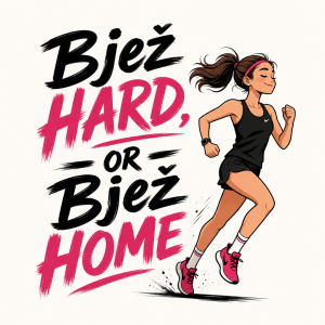 Nápis “Bjež hard, or bjež home” a nějaká postavička běžkyně