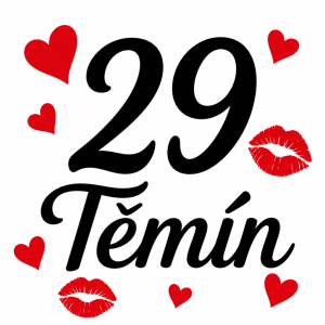 Číslo 29, jméno Těmín - černě, srdíčka a pusinky - červeně