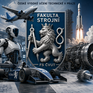 České vysoké učení technické v Praze Fakulta strojní, lev s korunkou, kružítko, letadlo, robot, formule, raketa, motor