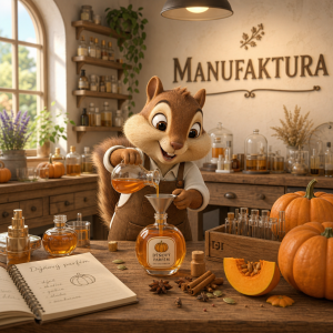 3D kreslený burunduk vyábí dýňový parfém, na zdi je napsáno MANUFAKTURA, mistnost je světla