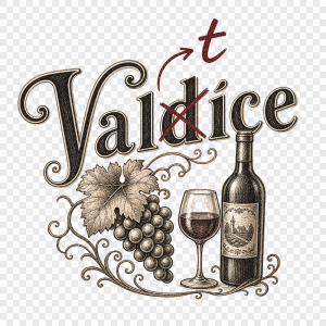 Nápis Valdice, škrtnuté "d" a opravené na "t", kreslený vintage motiv s vínem, bez pozadí