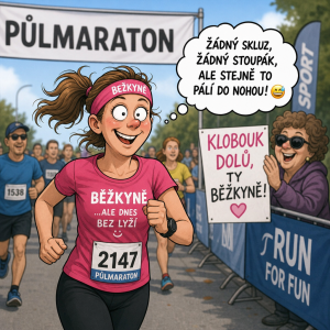 Vtipný obrázek bezkyne na pulmaratonj ale ne na běžkách, myslím běžící zenu