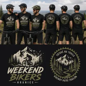 Týmové tričko třech tatů, Kč terino víkendech jezdí na MTB kolech. Jmenujou se Weekend Bikers Hranice